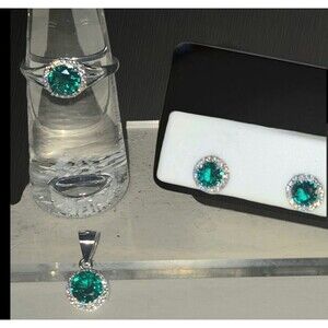 Lab-Created Emerald Halo & CZ 3-Piece Set Sterling Silver New Gift Size 7 Ring